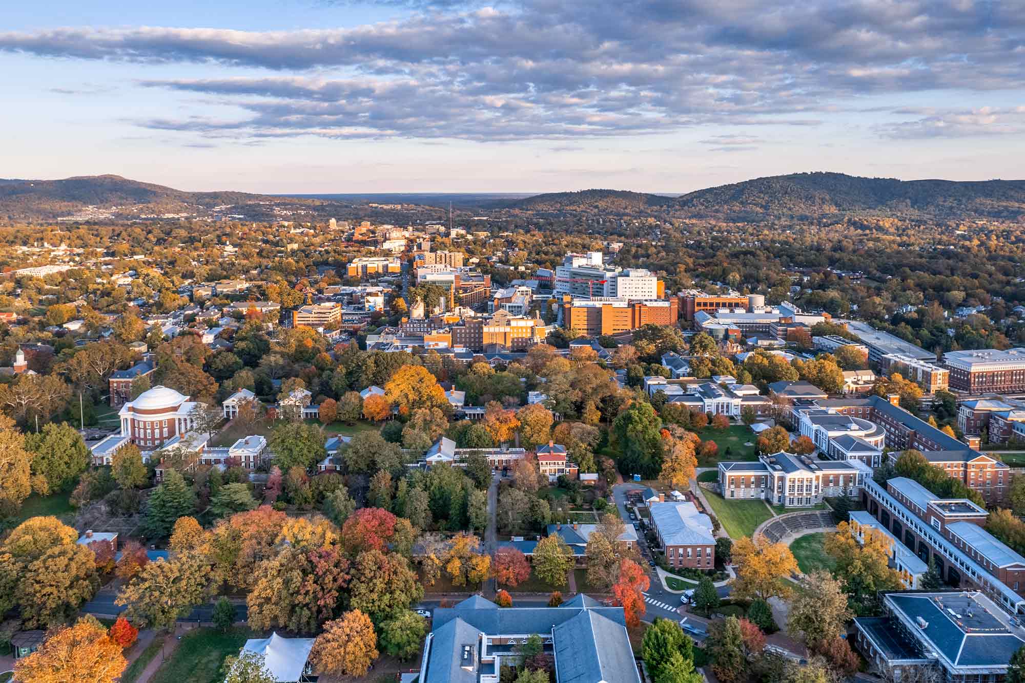 Aerial view of Charlottesville, Virginia in autumn light